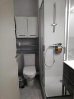 a small bathroom with a toilet and a shower at Appartement avec terrasse in Saint-Cyprien-Plage