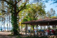 a pavilion with tables and chairs next to a tree at Ara Dinawan Island Resort in Papar