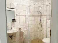 a bathroom with a shower and a sink and a toilet at Ferienzimmer Adalonia in Greifswald