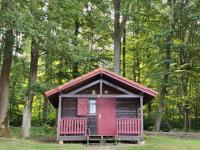 a small cabin with a red door in the woods at Camping Les Vosges du Nord in Oberbronn