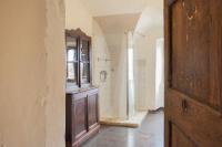 a bathroom with a shower and a wooden door at Casuccia in Santo-Pietro-di-Tenda