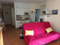 a living room with a pink couch and a kitchen at valras appartement T2 proche mer et port in Valras-Plage