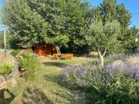 a garden with a picnic table and trees and flowers at Villa Emma 10 &#47; 12 personnes in Grignan