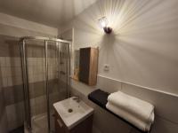 a bathroom with a shower sink and a light on the wall at Studio calme rdc coté cours in Bar-le-Duc