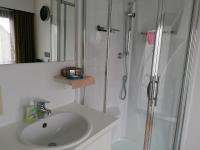 a white bathroom with a sink and a shower at Logies Lily in Oudenburg