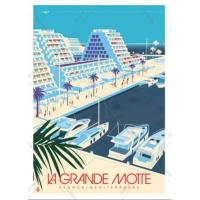 a poster of a marina with boats and palm trees at Studio 4p Clim Wifi Loggia Centre-ville Plage 200m Ménage inclus in La Grande Motte