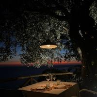 a table with wine glasses sitting under a tree at Casale Santa Rosalia Charme Villas and Rooms in San Mauro Cilento