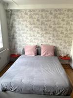 a bedroom with a bed with two pink pillows at Studio quartier historique in Rouen