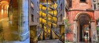 two pictures of a building with a staircase in the middle at Le soyeux in Lyon