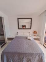 a bedroom with a large bed with a mirror on the wall at Suítes Luxo Marambaia- Epic House in Rio de Janeiro