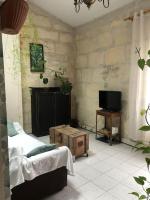 Il comprend un salon avec une cheminée et une télévision. dans l&#39;établissement Arles : maison provençale aux arènes., à Arles