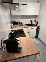 cocina con encimera de madera en una habitación en Le Rémois studio cosy hyper centre, en Reims