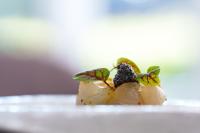 Un trozo de comida con hojas en un plato. en Les Jardins d'Anaïs, en Luxemburgo