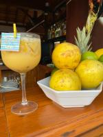 a glass of drink next to a bowl of lemons at Hotel Pousada Villa Itália Olímpia in Olímpia