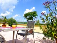 Una mesa y sillas en un balcón con plantas. en Gasthof Rebland, en Eichstetten