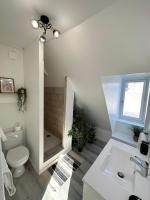 a bathroom with a toilet and a shower and a sink at L&#39;ENSOLEILLÉ - Classé 2 étoiles - Nay centre - Appartement in Nay