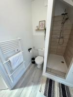 a bathroom with a shower and a toilet at L&#39;ENSOLEILLÉ - Classé 2 étoiles - Nay centre - Appartement in Nay