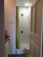 a bathroom with a shower with a green shower curtain at Le Nid des Anges, votre studio à la campagne. in Saint-Laurent-du-Plan