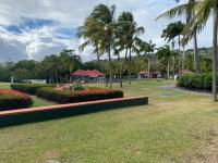 a park with palm trees and flowers and houses at Pierre et Vacances Vue Mer in Sainte-Luce