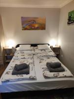 Łóżko lub łóżka w pokoju w obiekcie Green garden apartment ingyenes zárt parkolóval