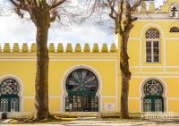 Un edificio amarillo con dos árboles delante. en Pure Monchique Hotel - Villa Termal Spa Resort - by Unlock Hotels, en Monchique