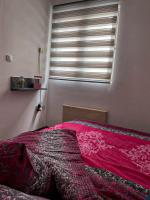 - une chambre avec un lit rose et une fenêtre dans l&#39;établissement Apartman Sanjar Vidikovac, à Kneževac