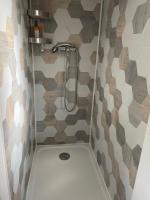 a bathroom with a shower with a white tub at Camping Oasis village in Puget-sur-Argens