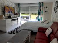 a bedroom with a bed and a tv and a couch at Concarneau studio avec terrasse in Concarneau