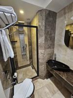 a bathroom with a shower and a toilet and a sink at Anthemis Hotel in Istanbul