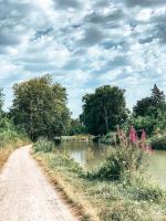 a dirt road next to a river with trees at Aux Berges du Canal in Capestang
