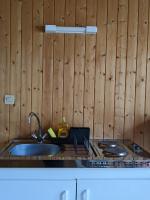 a kitchen with a sink and a wooden wall at Au petit chalet d&#39;Illiers Combray in Illiers