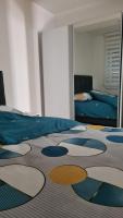 a bedroom with a bed with a large mirror at Apartman 222 in Brčko