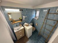 a bathroom with a toilet and a sink and a mirror at T1 charmant et typique sur les hauteurs de Bastia in Bastia