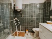 a bathroom with a toilet and a shower with green tiles at Studio Zeeduin by Interhome in Bredene