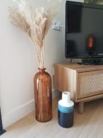 a brown vase with feathers in it next to a tv at Au ptit Manoir in Montbert