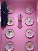 a pink wall with plates and a doll and a harp at Les sorciers, la Diligence St Jean de Losne in Saint-Jean-de-Losne