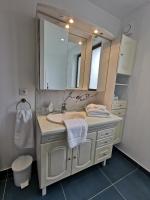 a bathroom with a sink and a large mirror at Le gîte du Brouage in Chauny