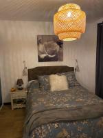 a bedroom with a bed and a chandelier at VILLA EDEN in Figari