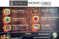 um menu para um restaurante com comida em Monte Carlo Boardwalk / Oceanfront Ocean City em Ocean City