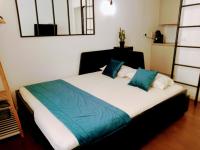 a bed with two blue pillows in a room at STUDIO VIEIL ANTIBES Marché Provençal in Antibes