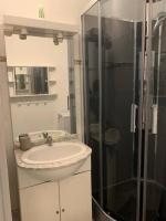 a bathroom with a sink and a glass shower at Appartement meublé proche du centre - Wifi&#47;Parking in Clermont-Ferrand