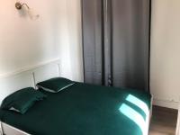 a green bed with two pillows in a bedroom at La clef Sithieu in Saint-Omer