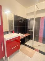 La salle de bains est pourvue d&#39;un lavabo rouge et d&#39;une douche. dans l&#39;établissement Les jardins du gros Horloge, studio, à Rouen