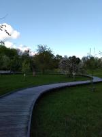 a curved walkway in a park with trees and grass at The Lodge in Bilzen