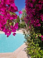 a group of pink flowers next to a swimming pool at Hôtel La Villa Cap d’Antibes in Juan-les-Pins