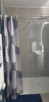a shower with a blue and white shower curtain at Cour st Didier in Nevers