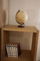 a book shelf with a globe and some books at Le petit Gambetta in Belfort
