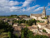 an aerial view of a town with a cathedral at Private bedroom in a guesthouse in Saint Emilion in Saint-Médard-de-Guizières