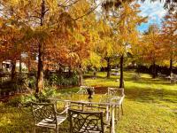 a table and chairs in a park under a tree at England Castle B&amp;B in Wujie