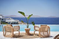 a group of chairs and a potted plant next to a pool at Ubud Mykonos in Agios Ioannis Mykonos